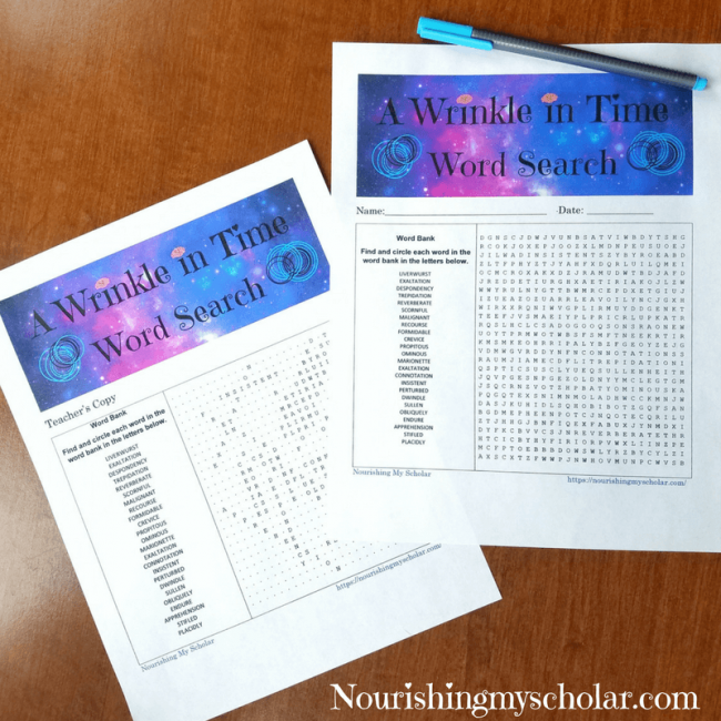 A Wrinkle in Time Word Search and Vocabulary Cards
