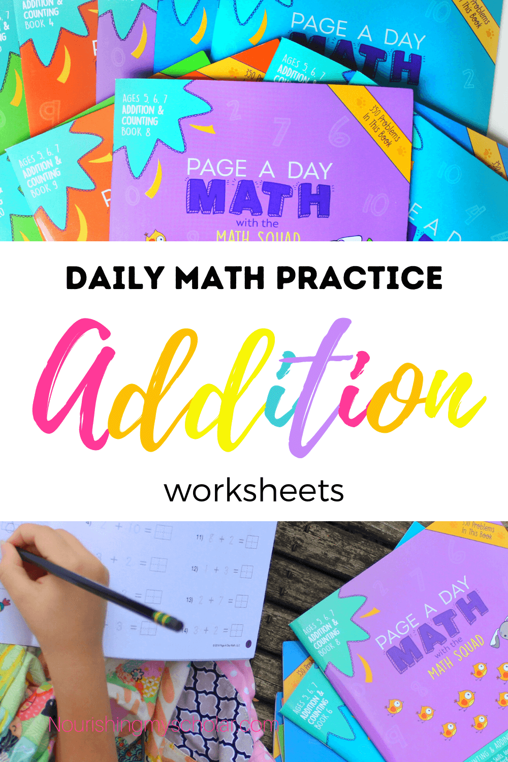 Daily Math Practice Addition Worksheets: Do you need addition math worksheets for your kindergartner or first grader? Maybe your kiddo needs a little extra help with their math confidence. These Page A Day Math booklets are perfect for kids needing daily math practice while building math fluency! #kindergartenmath #kindergarten #math #addition #firstgrade #mathworksheets #mathpractice #kindergartenadditionworksheets #additionforkindergarten #1stgradeaddition #firstgradeaddition #homeschool 